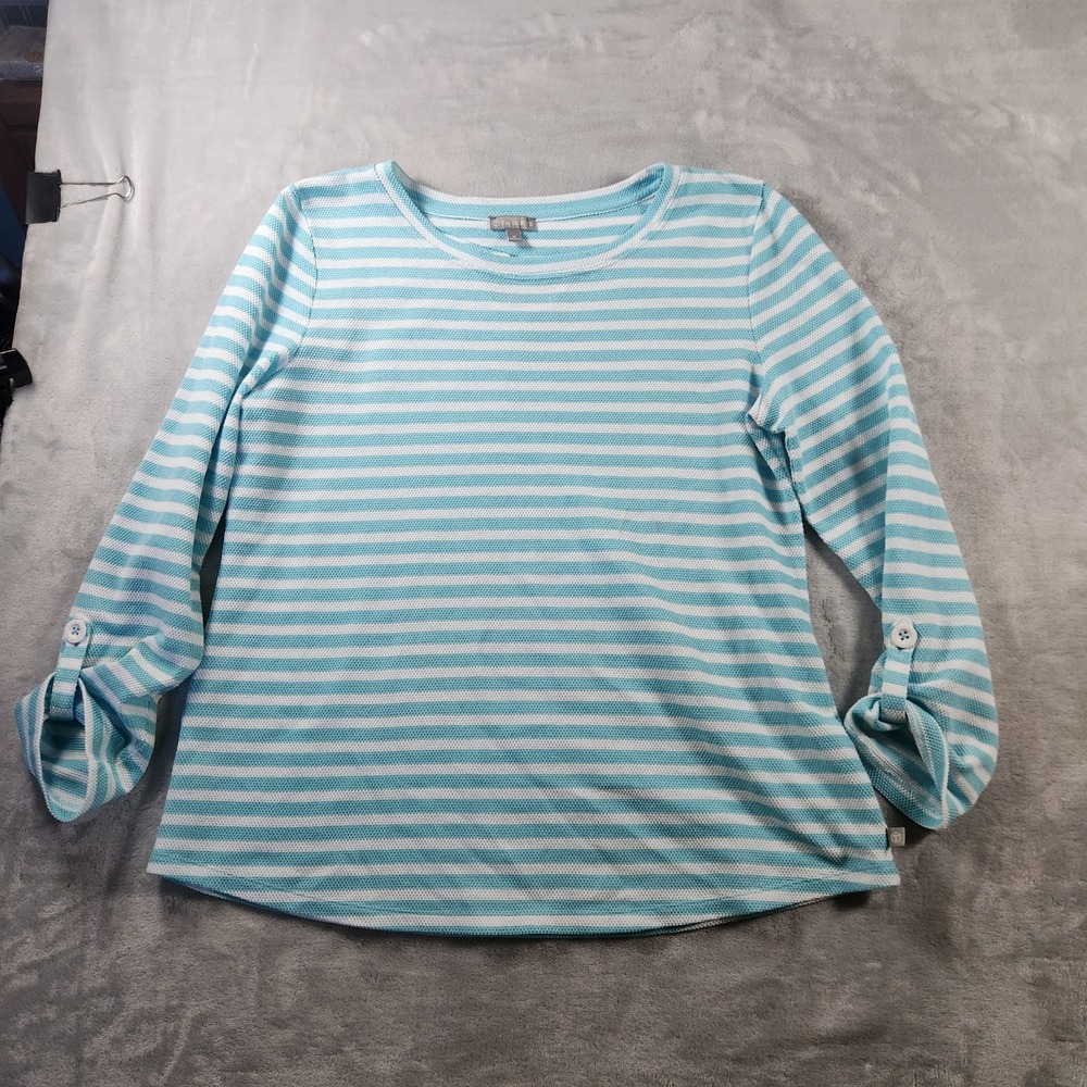 T By Talbots Waffle Knit Keyhole  Womens Top M Roll Tab Aqua White Striped‎